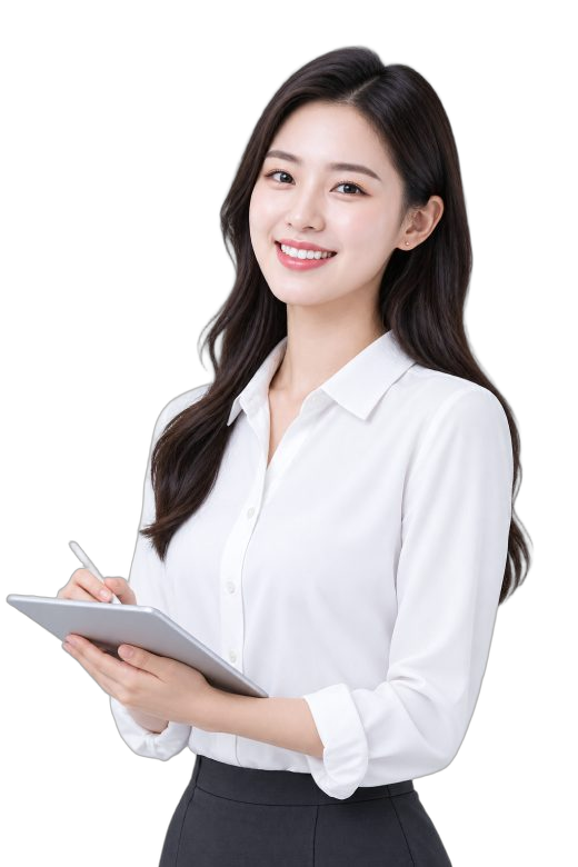 Seorang perempuan berkemeja putih sambil memegang tablet dan pena